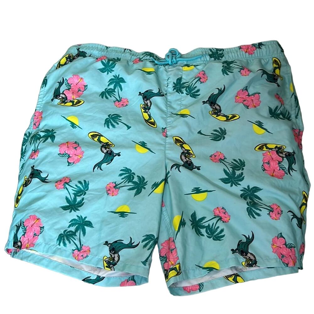 Batman Surfing Hawaiian Floral Print Swim Trunks Mens 2XL‎ Blue Shorts Swimwear